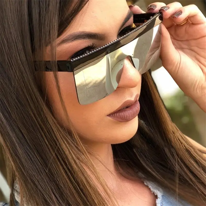 Модерни извънгабаритни слънчеви очила Дамска мода Марка Квадратни слънчеви очила без рамки Луксозни дизайнерски плоски слънчеви очила женски