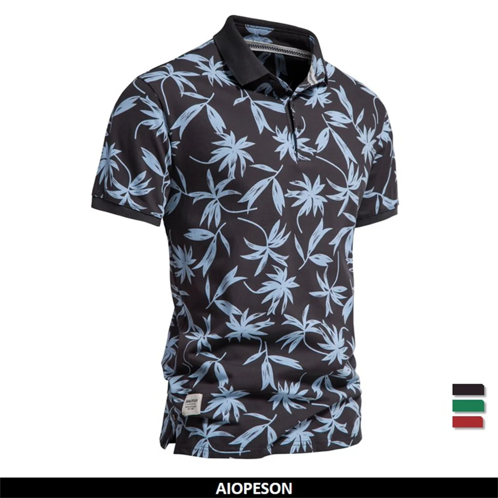 AIOPESON Хавайски стил мъже поло ризи памук листа печат къс ръкав поло ризи за мъже нов дизайн марка качество Polos човек