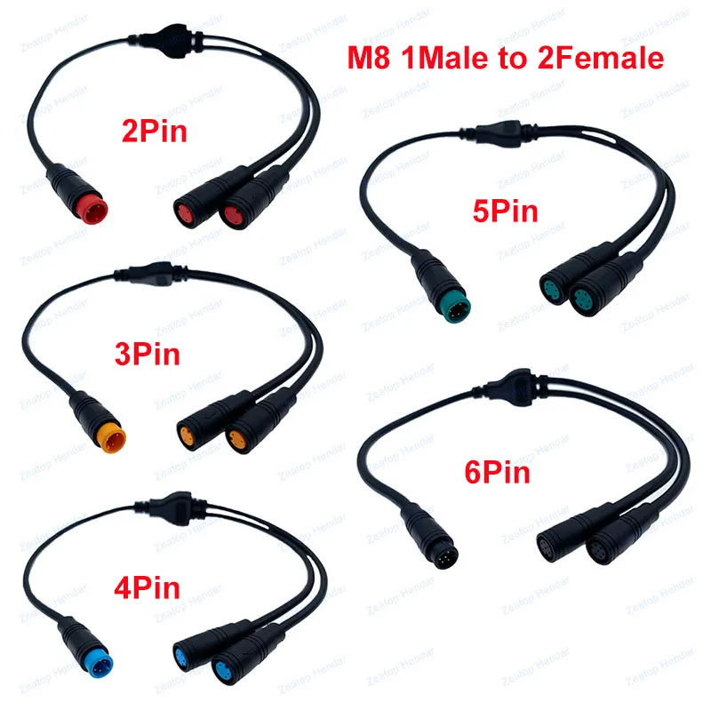 5Pcs M8 2 3 4 5 6 Pin 1 мъжки към 2 женски Y сплитер кабел щепсел за Ebike E-Bike дисплей тел конектор