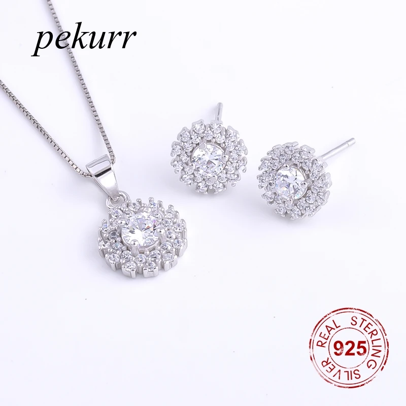 Pekurr 925 стерлинги сребърна снежинка гъста циркон цвете обеци колие комплекти за жени кръг луксозни висулки бижута