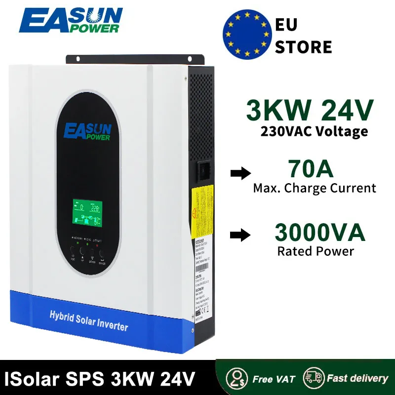 EASUN POWER Soalr инвертор 3KVA 24V 50Hz / 60Hz хибриден инвертор 230VAC Pure Sine Wave 50A вграден PWM соларен контролер Умен дом