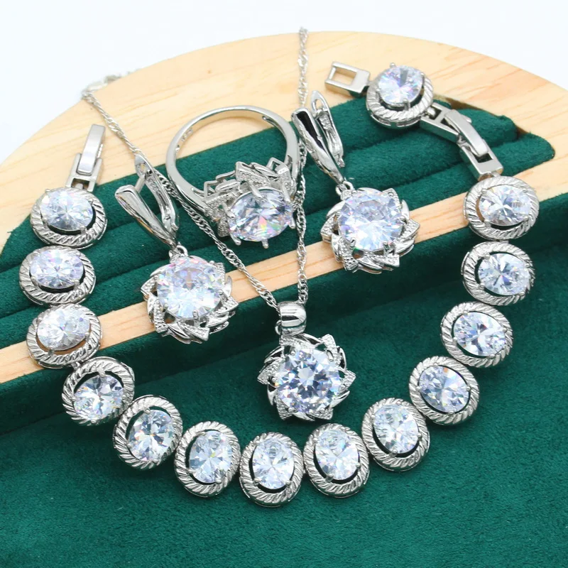 Деликатна булка сребърен цвят бижута комплект за жени сватба бял циркон гривна обеци огърлица висулка пръстен коледен подарък