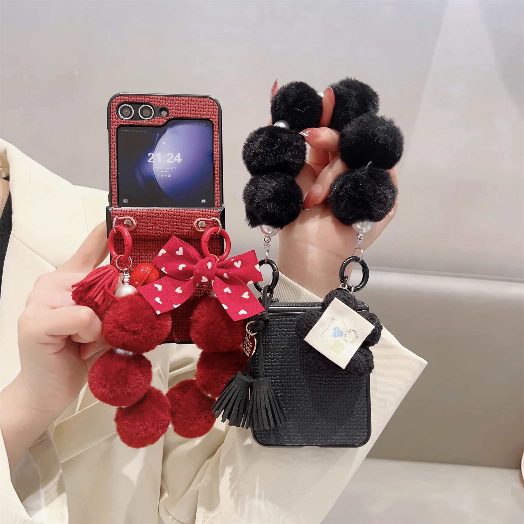 Ins корейски луксозни сърце лък малка камбана висулка перла космена гривна случай за Samsung Galaxy Z Flip3 5G Z Flip4 Zflip5 капак