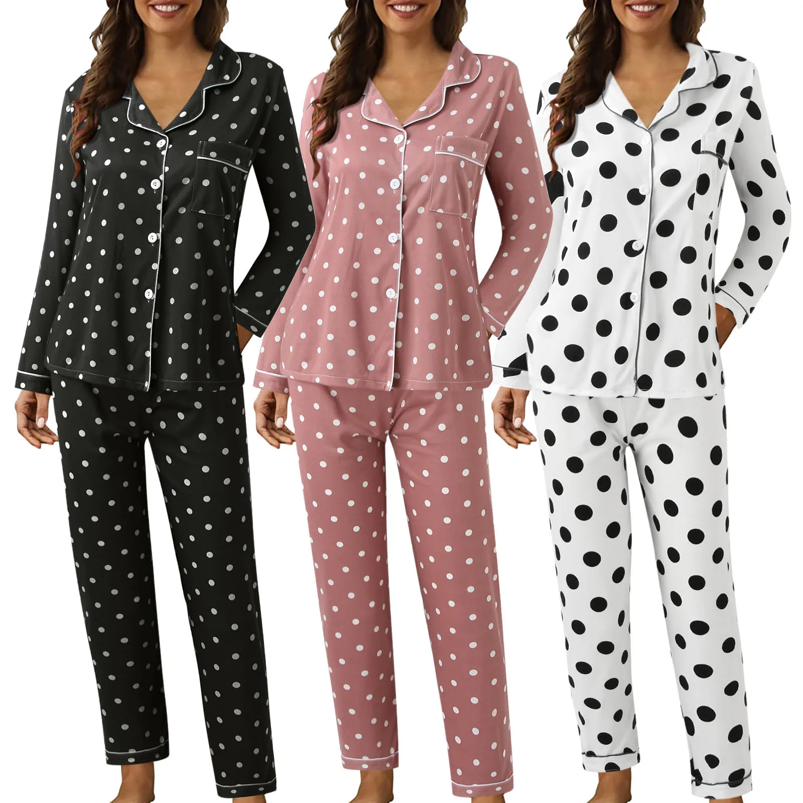 Полка точки печат пижама за жени Пролетен шезлонг Комплекти спално облекло Сладка ревера пижама бутон надолу ризи Pant пижама домашен костюм
