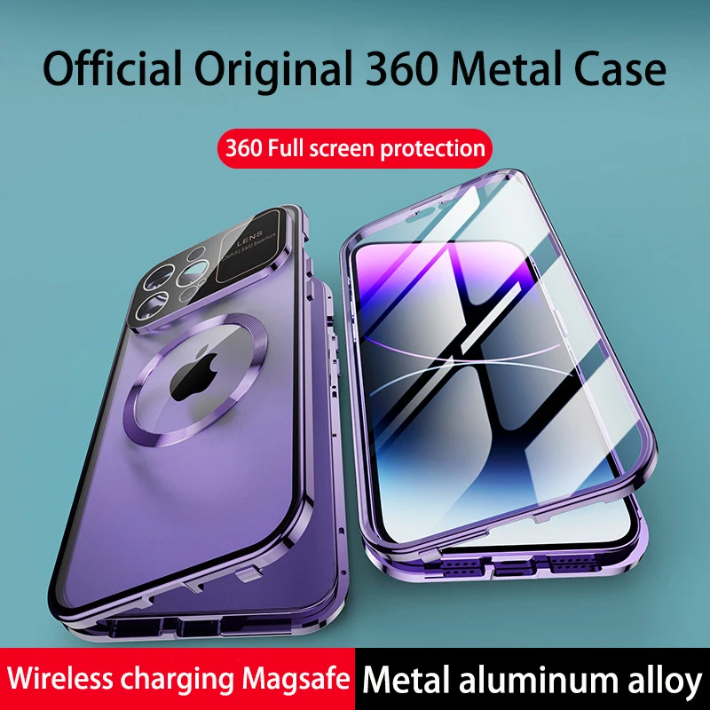 За iphone 15 13 14 Pro Max Case 360 ° Камера на цял екран Метална алуминиева сплав Магнитна MagSafe държач за телефон за кола Защитно покритие