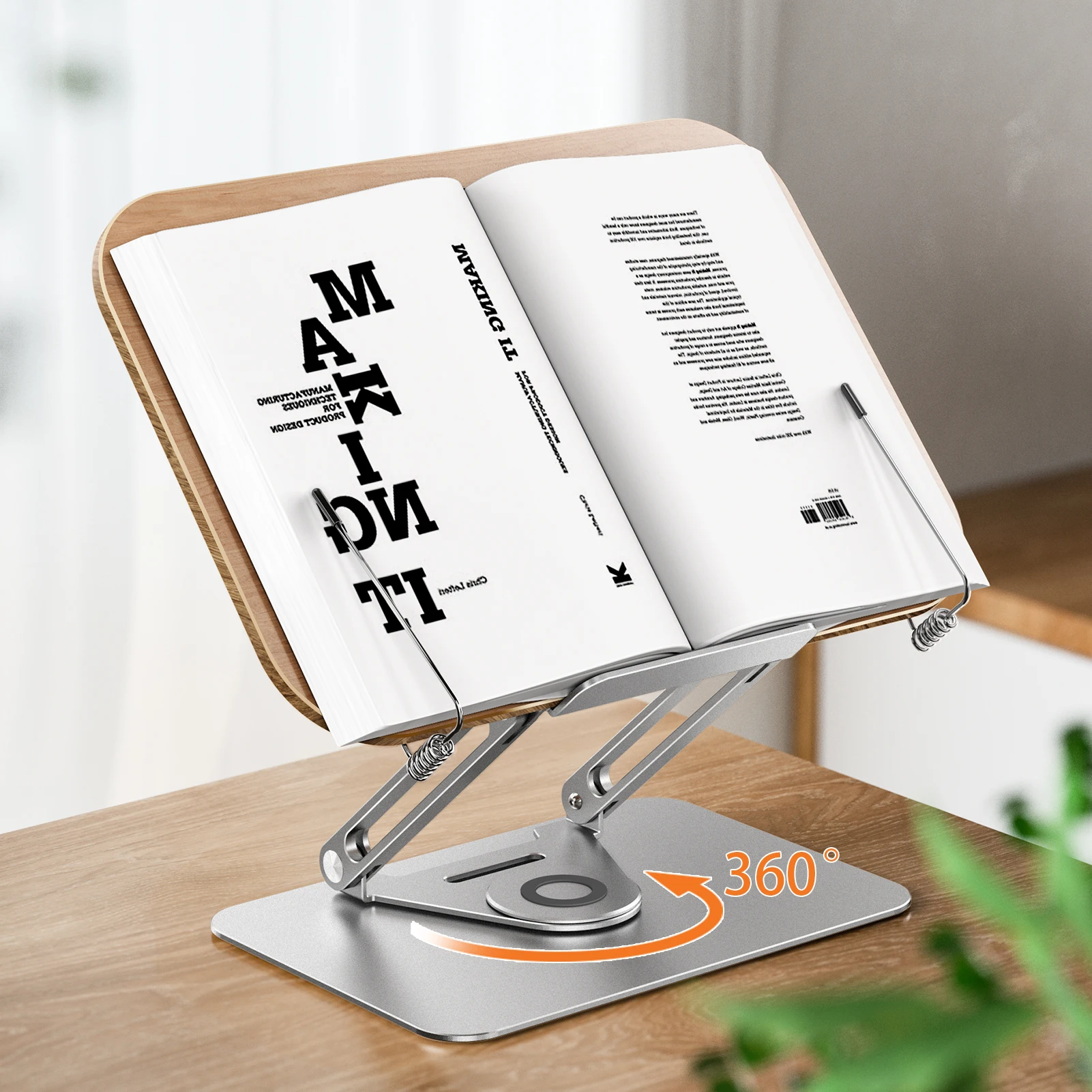 Bisofice Desktop Book Stand R10 с 360° въртяща се основа Дървен панел Page Clip Сгъваем ъгъл регулируем за четене на държач за книги